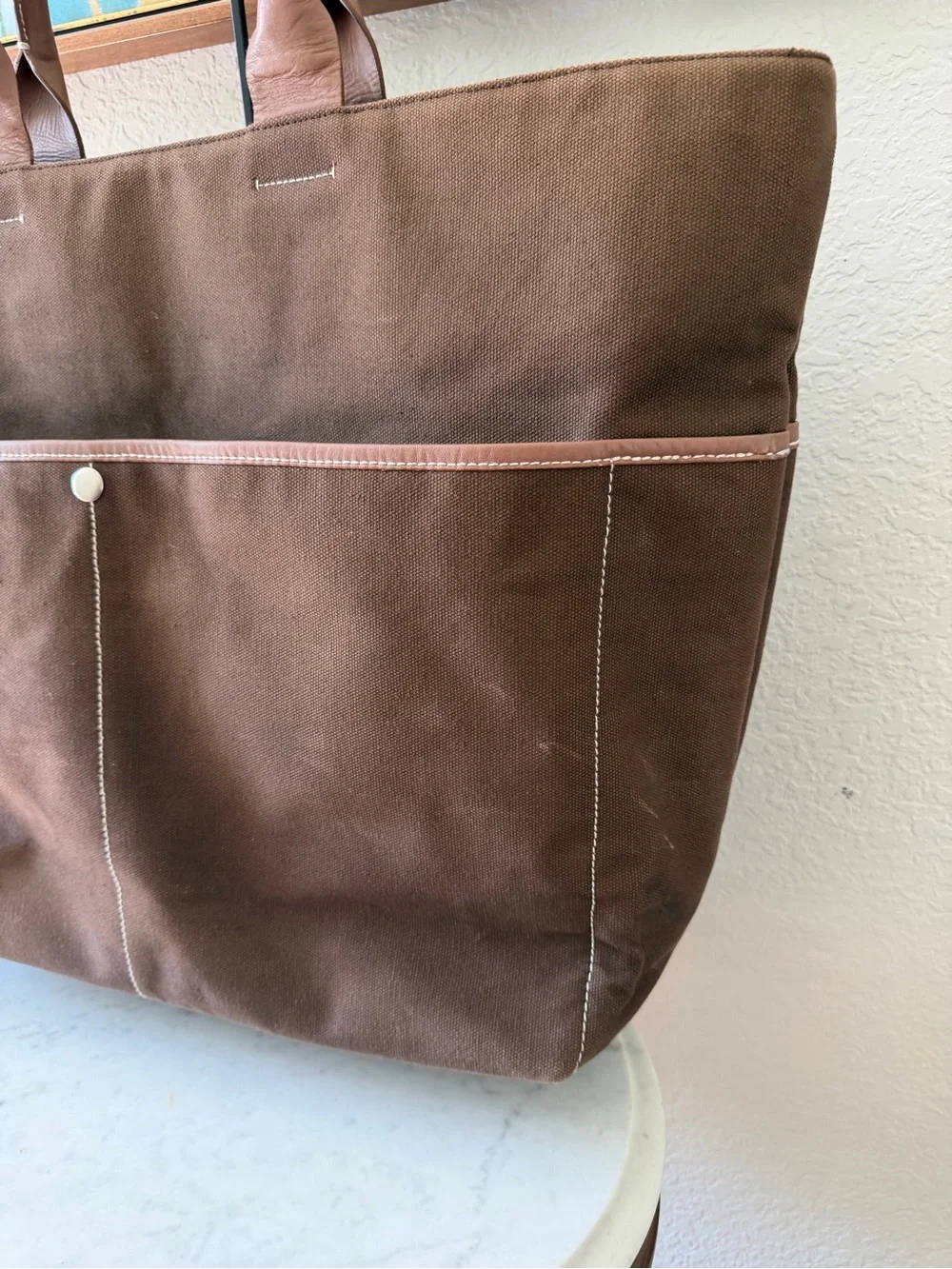 Vintage 2003 Gap Brown Canvas Leather Trim Oversized Tote Weekender Bag